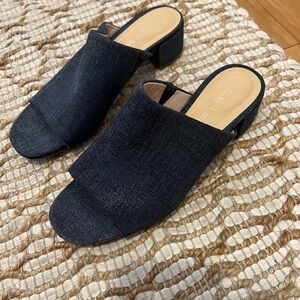 Clarks Black and Blue Mules with Open Toe and Low Block Heel